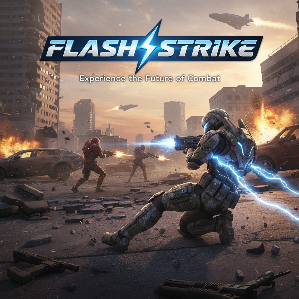 A sci-fi soldier kneels in a ruined street amid futuristic combat, with the game title "Flash Strike" displayed above.