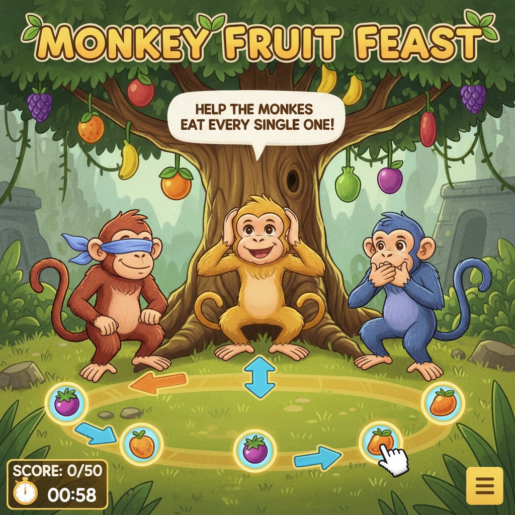 Three cartoon monkeys sit in front of a large tree under the text "Monkey Fruit Feast" while game elements like score, timer, and a fruit path are displayed on the screen.