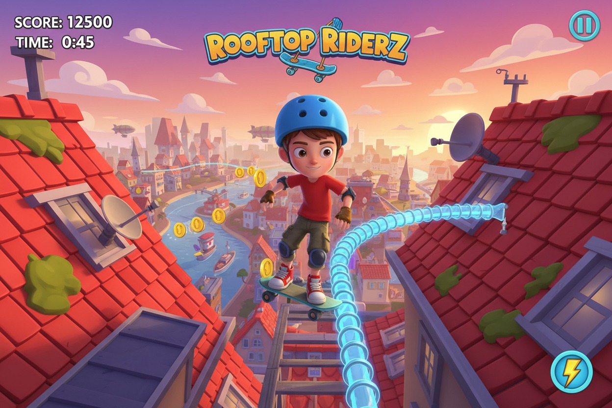 An animated video game screenshot shows a young boy wearing a blue helmet and pads skateboarding across a rooftop with a city backdrop at sunset.